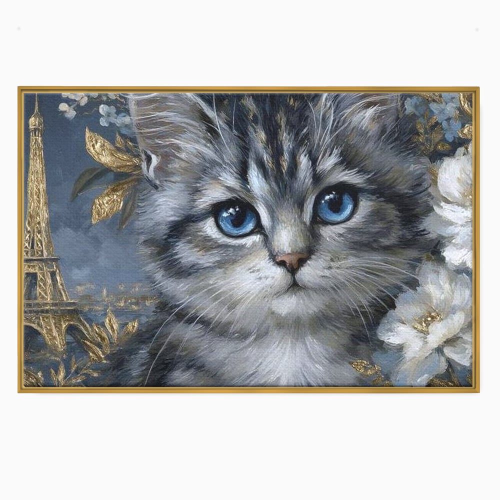 Tablou canvas cu tablou canvas cu pisica si turnul eiffel, in rama de aluminiu auriu